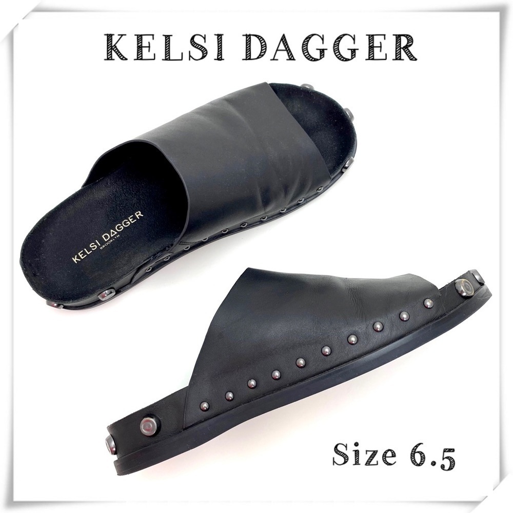 KELSI Dagger Squish Stud Leather Slide Sandal in Black Size 6.5